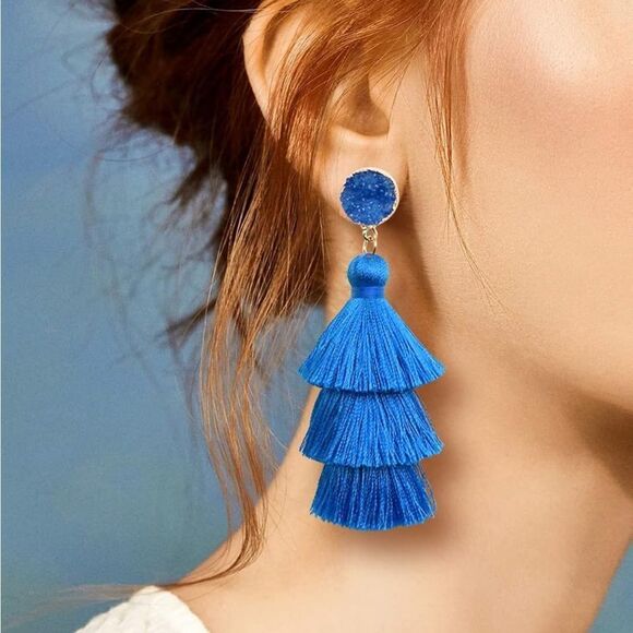 14K Yellow Gold with Blue Silk Thread Tassel and Quartz Druzy Post Drop Earrings - Picture 4 of 8
